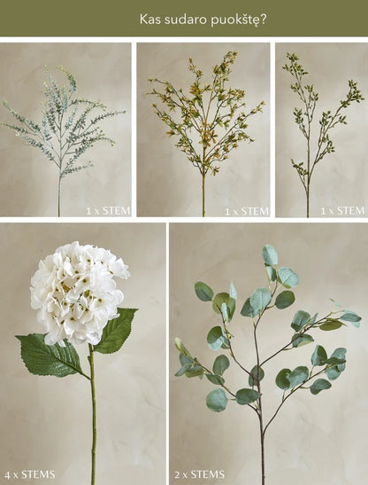 Dekoratyvinė puokštė su hortenzijomis ir eukaliptu